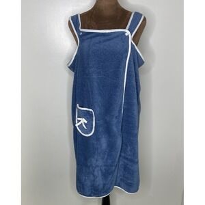 Womens Spa Wrap Soft Terry Cover Up Blue White Trim Pocket One Size (M/L) EUC